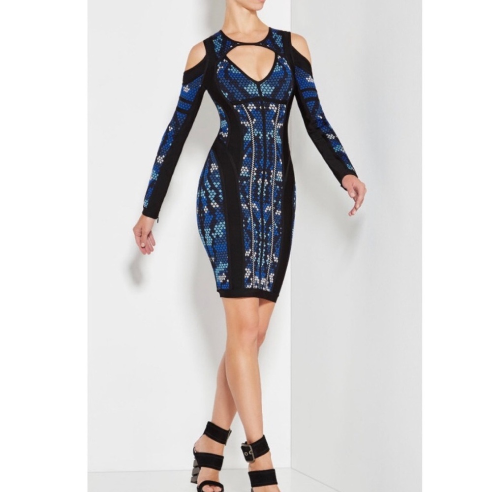 Herve Leger Kara Geometric Print Cut Out Shoulder Cocktail Party Dress XXS NWT